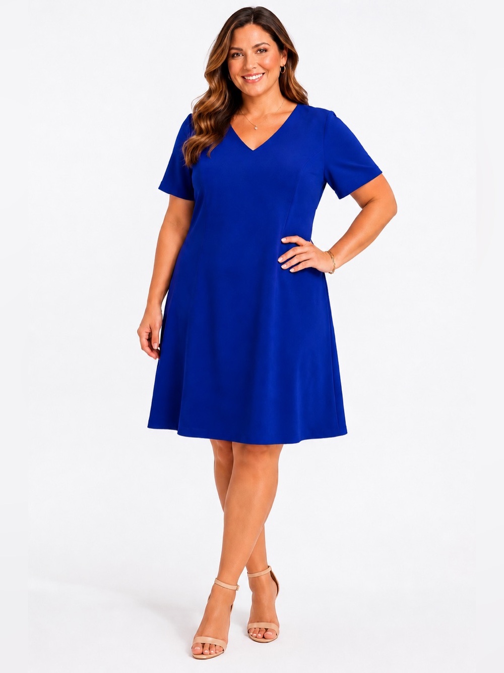 NWT Evan-Picone Women's Plus Sz 16W Royal Blue V-Neck Short Sleeve A-Line Classy